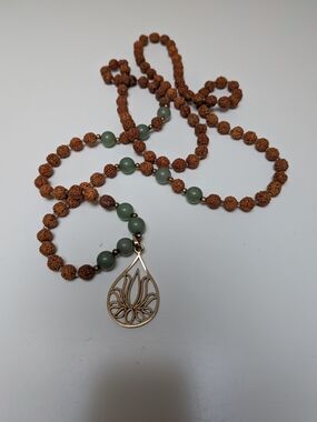Rudraksha Bead Mala Necklace with Green Stone and Gold Lotus Pendant